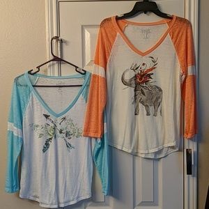 Two baseball style graphic tees